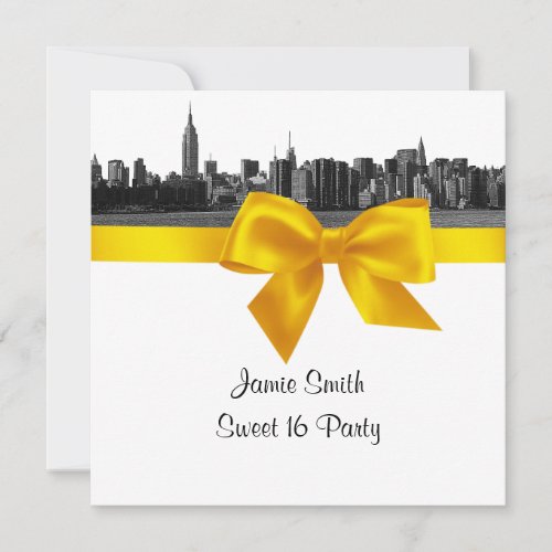 NYC Wide Skyline Etch BW Yellow Sweet Sixteen SQ Invitation