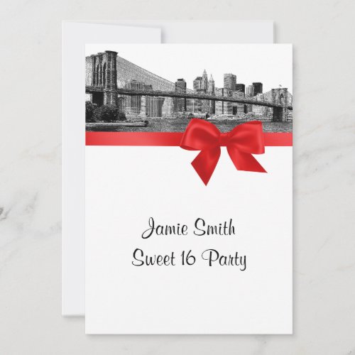 NYC Wide Skyline Etched BB2 BW Red Sweet Sixteen Invitation