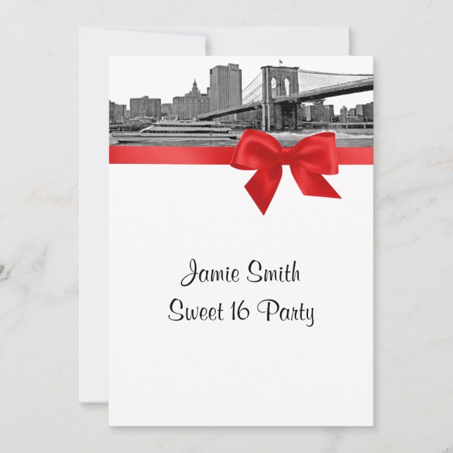 NYC Wide Skyline Etched BB BW Red Sweet Sixteen Invitation (Front)