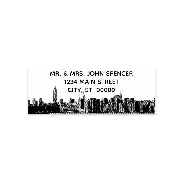 NYC Wide Skyline Etched BW Address Rubber Stamp (Design)