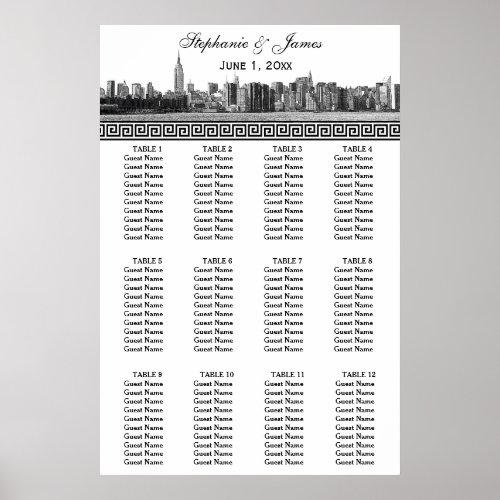 NYC Wide Skyline Etched BW Black Greek Key S Poster