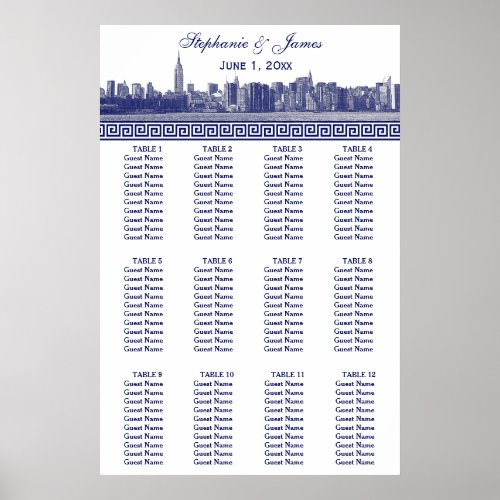 NYC Wide Skyline Etched BW Blue Greek Key S Poster