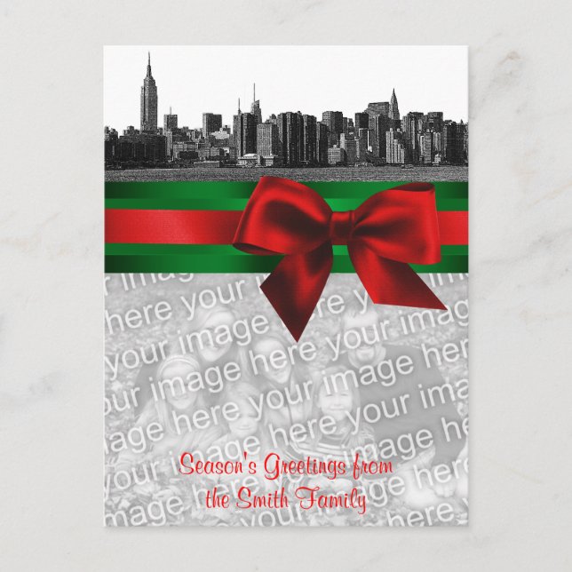 NYC Wide Skyline Etched BW Christmas Your Photo Holiday Postcard (Front)