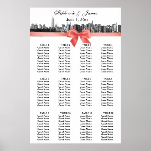 NYC Wide Skyline Etched BW Coral Bow Poster