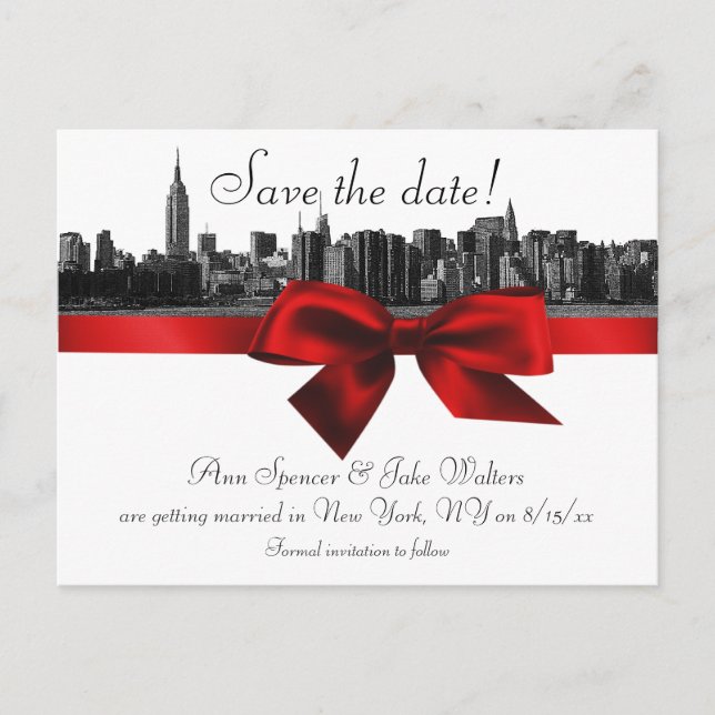 NYC Wide Skyline Etched BW Dark Red Save the Date Announcement Postcard (Front)