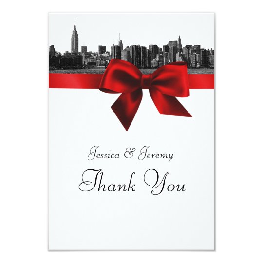 NYC Wide Skyline Etched BW Dark Red Thank You Card