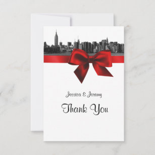 NYC Wide Skyline Etched BW Dk Red Thank You