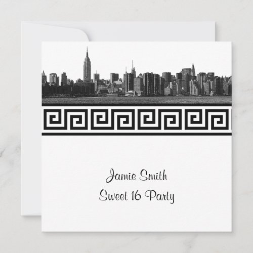 NYC Wide Skyline Etched BW GK Sweet Sixteen SQ Invitation