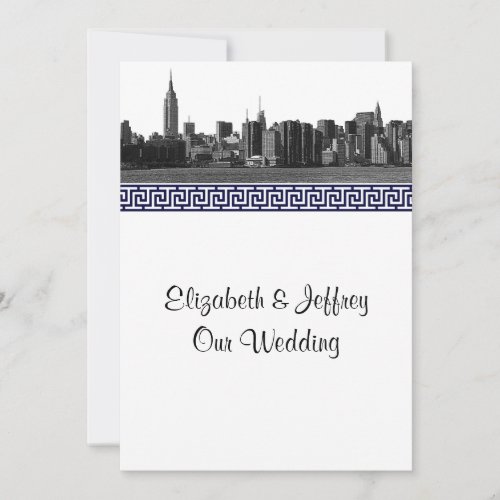NYC Wide Skyline Etched BW Greek Key 2 Wedding Invitation