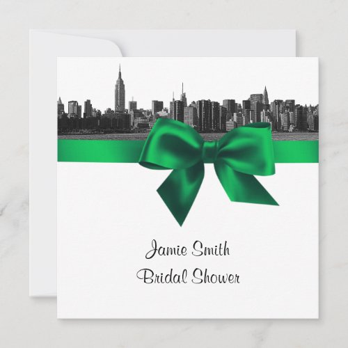 NYC Wide Skyline Etched BW Green Bridal Shower SQ Invitation