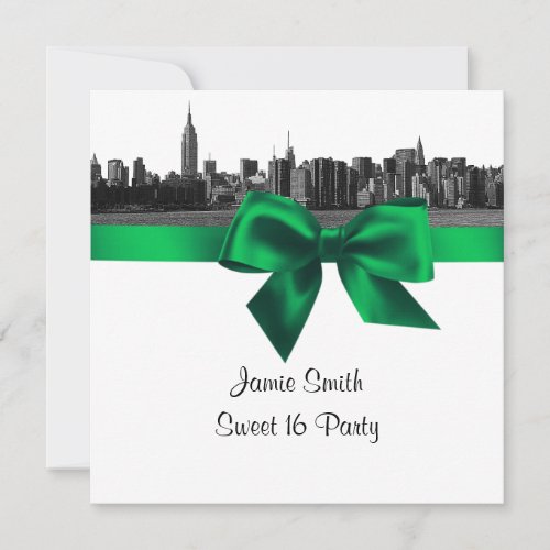 NYC Wide Skyline Etched BW Green Sweet Sixteen SQ Invitation