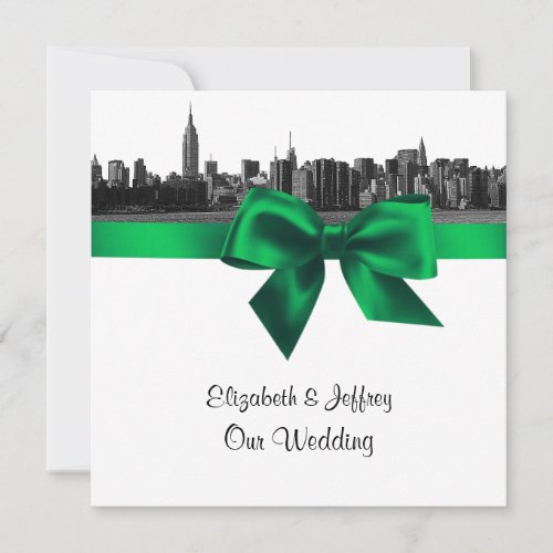 NYC Wide Skyline Etched BW Green Wedding SQ Invitation