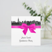NYC Wide Skyline Etched BW Hot Pink Graduation SQ Invitation (Standing Front)