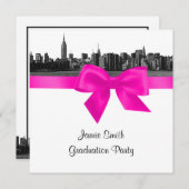 NYC Wide Skyline Etched BW Hot Pink Graduation SQ Invitation (Front/Back)
