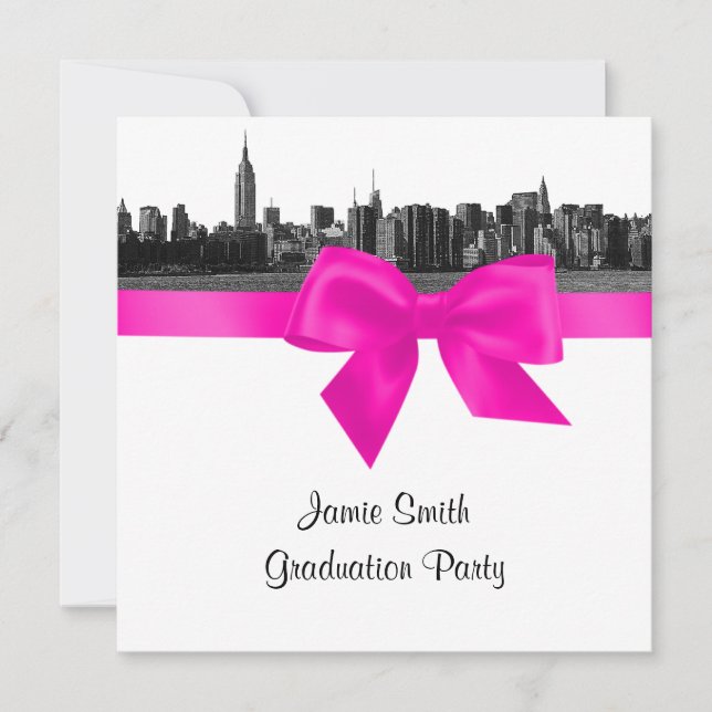 NYC Wide Skyline Etched BW Hot Pink Graduation SQ Invitation (Front)