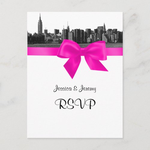 NYC Wide Skyline Etched BW Hot Pink RSVP 1 Invitation Postcard