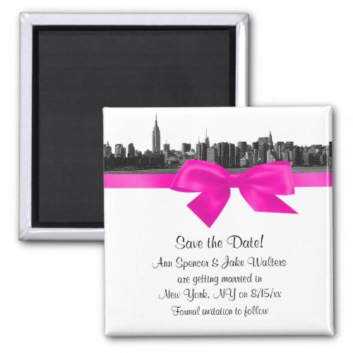 NYC Wide Skyline Etched BW Hot Pink Save the Date Magnet