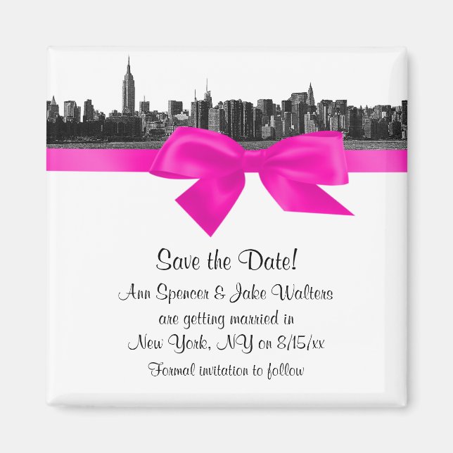 NYC Wide Skyline Etched BW Hot Pink Save the Date Magnet (Front)