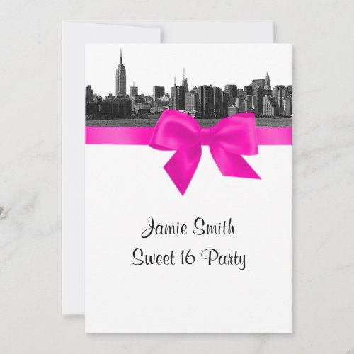 NYC Wide Skyline Etched BW Hot Pink Sweet 16 Invitation