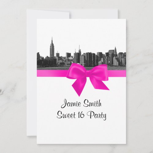 NYC Wide Skyline Etched BW Hot Pink Sweet 16 Custom Invitation
