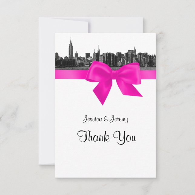 NYC Wide Skyline Etched BW Hot Pink Thank You Card (Front)