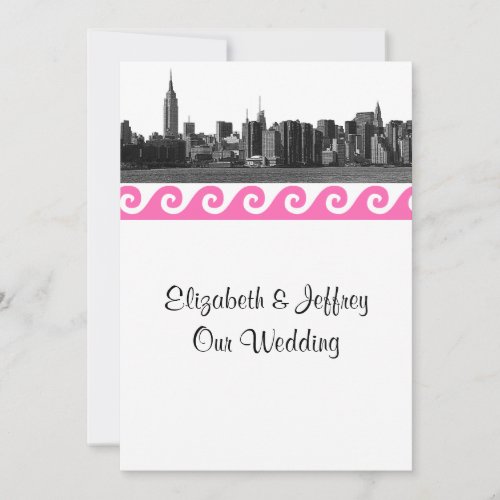 NYC Wide Skyline Etched BW HotPink GK Wave Wedding Invitation