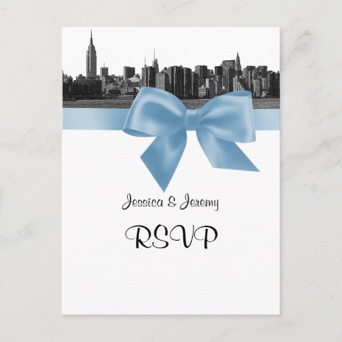 NYC Wide Skyline Etched BW Light Blue RSVP 1 Invitation Postcard