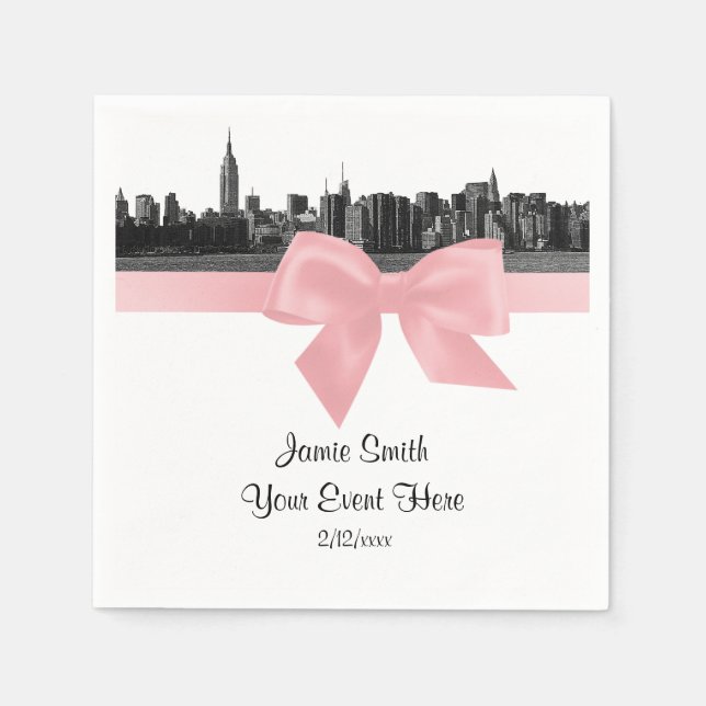 NYC Wide Skyline Etched BW Light Pink Ribbon Napkins (Front)