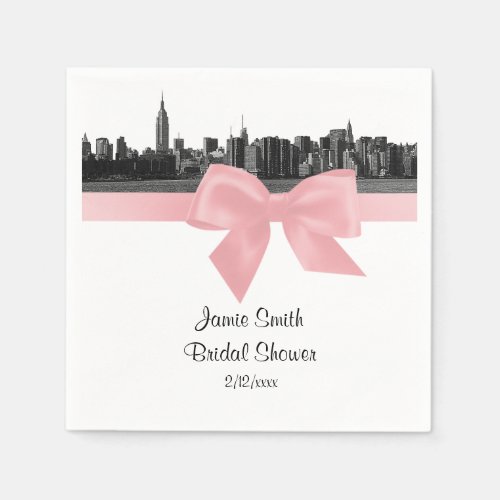 NYC Wide Skyline Etched BW Light Pink Ribbon Paper Napkins