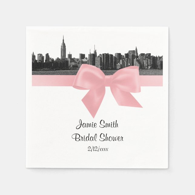 NYC Wide Skyline Etched BW Light Pink Ribbon Paper Napkins (Front)