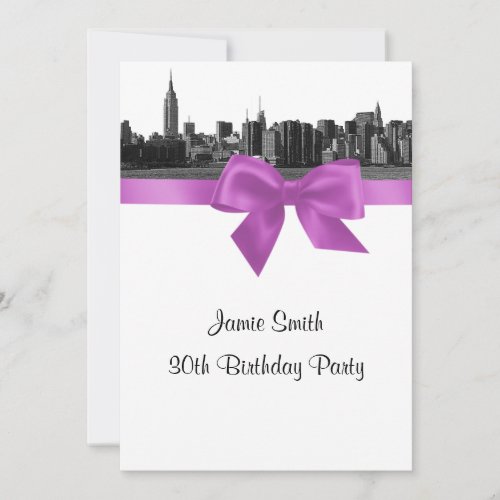 NYC Wide Skyline Etched BW Lilac Birthday Party Invitation