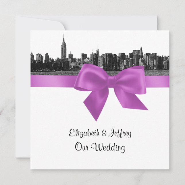 NYC Wide Skyline Etched BW Lilac Wedding SQ Invitation (Front)