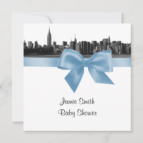 NYC Wide Skyline Etched BW Lt Blue Baby Shower SQ Invitation