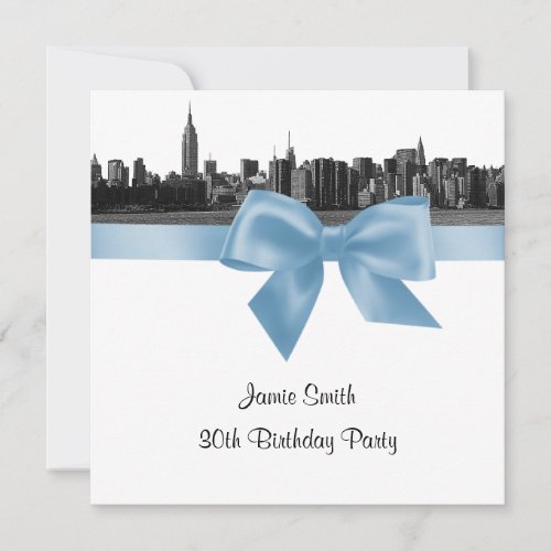 NYC Wide Skyline Etched BW Lt Blue Birthday Pty SQ Invitation