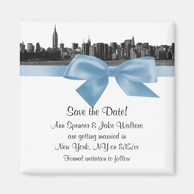 NYC Wide Skyline Etched BW Lt Blue Save the Date Magnet (Front)