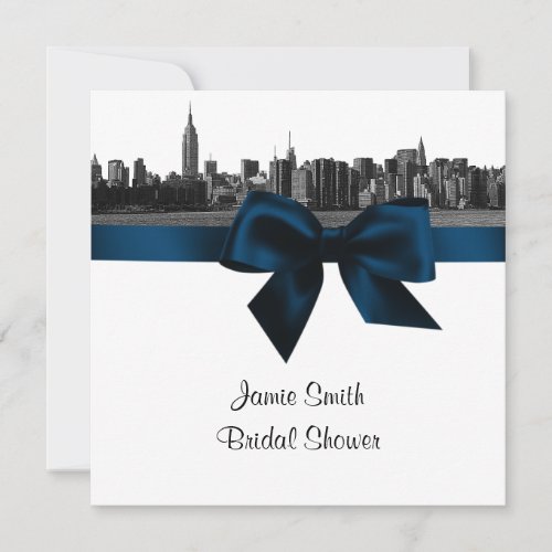 NYC Wide Skyline Etched BW Navy B Bridal Shower SQ Invitation