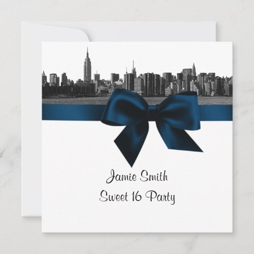 NYC Wide Skyline Etched BW Navy B Sweet Sixteen SQ Invitation