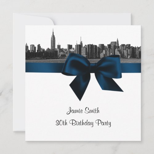 NYC Wide Skyline Etched BW Navy Birthday Party SQ Invitation