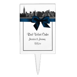 NYC Wide Skyline Etched BW Navy Blue Cake Cake Topper