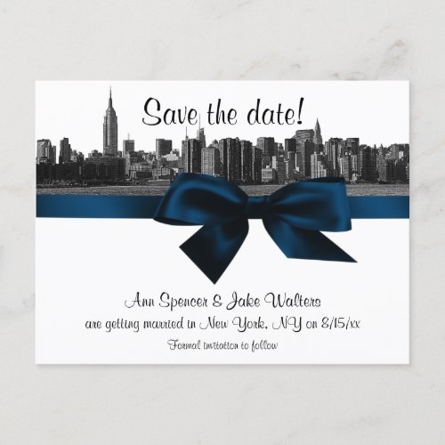 NYC Wide Skyline Etched BW Navy Blue Save the Date Announcement Postcard