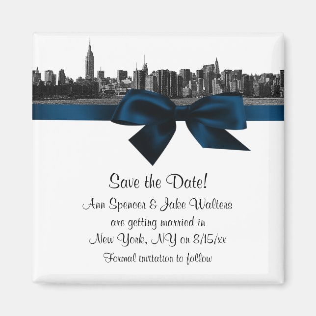 NYC Wide Skyline Etched BW Navy Blue Save the Date Magnet (Front)