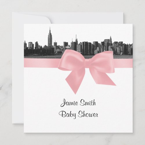 NYC Wide Skyline Etched BW Pink Baby Shower SQ Invitation