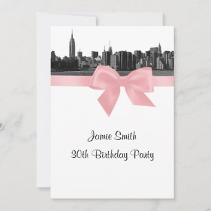 NYC Wide Skyline Etched BW Pink Birthday Party Invitation