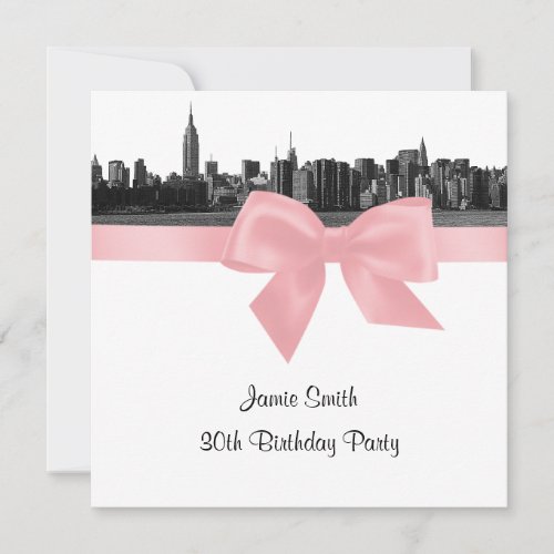 NYC Wide Skyline Etched BW Pink Birthday Party SQ Invitation