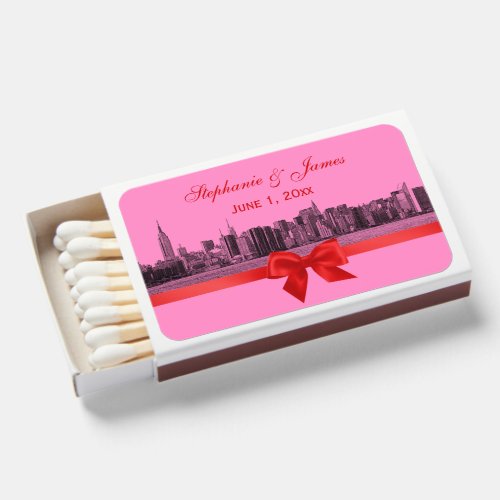 NYC Wide Skyline Etched BW Pink Red Bow Matchboxes