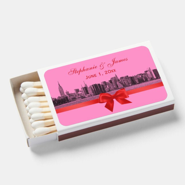 NYC Wide Skyline Etched BW Pink Red Bow Matchboxes (Front Open)