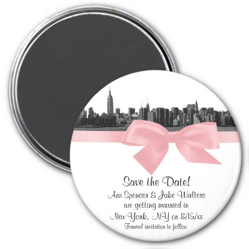 NYC Wide Skyline Etched BW Pink Save the Date Magnet