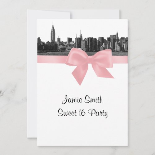 NYC Wide Skyline Etched BW Pink Sweet Sixteen Invitation