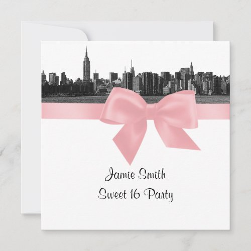 NYC Wide Skyline Etched BW Pink Sweet Sixteen SQ Invitation