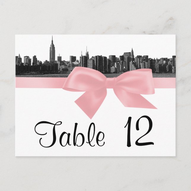 NYC Wide Skyline Etched BW Pink Table Number (Front)